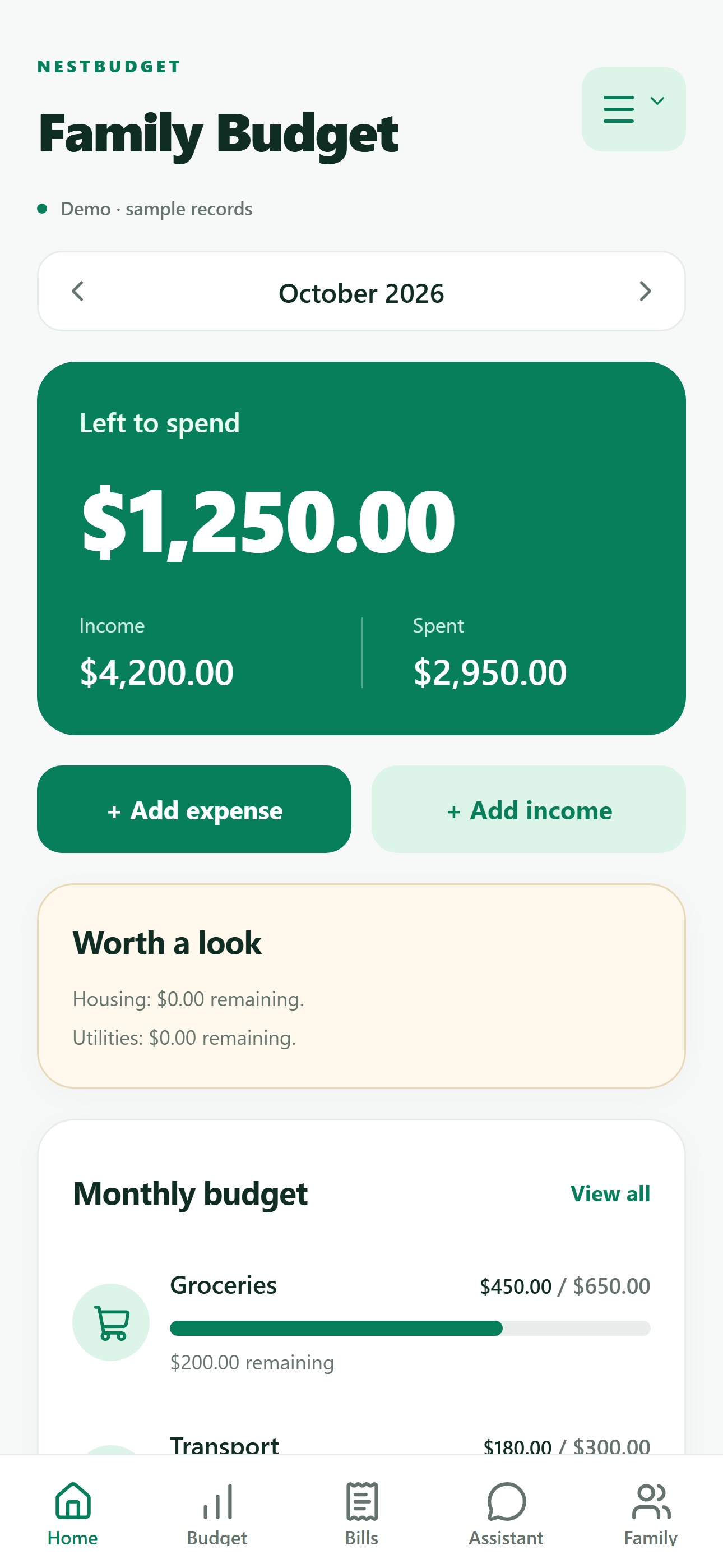 NestBudget Home screen from the App Store, showing explicitly labeled sample records, monthly income, spending, and category budgets.